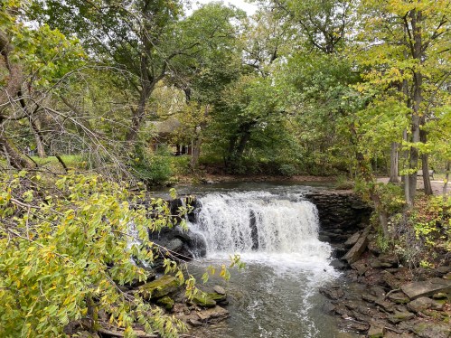 A serene waterfall cascades over rocks, surrounded by lush green trees and autumn foliage.