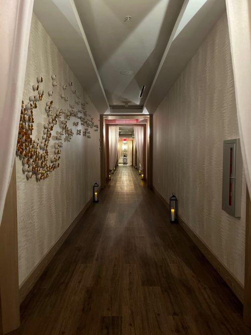 A dimly lit hallway with decorative walls, lanterns lining the floor, and curtains on either side.