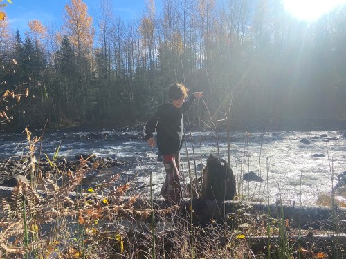 A child stands on a log by a river, pointing at something, surrounded by trees and autumn foliage.