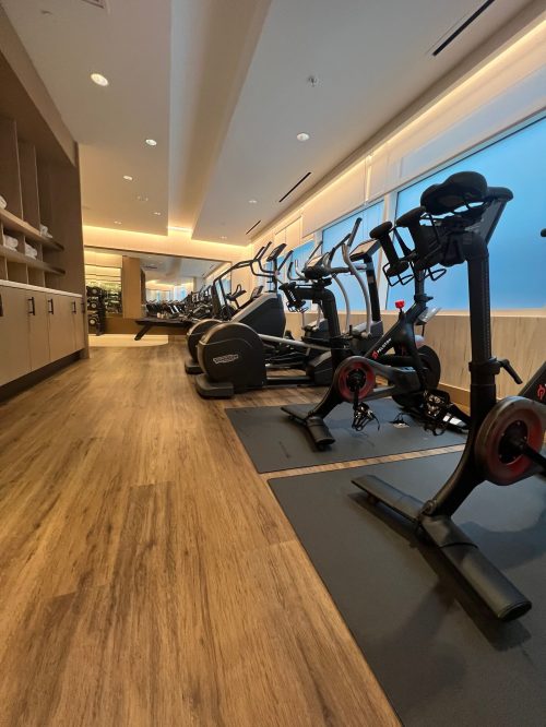 A modern gym with exercise equipment lined up along a wall, featuring elliptical machines and stationary bikes.