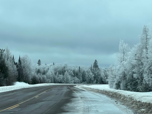A winding road through a winter landscape, lined with frosted trees under a cloudy sky.