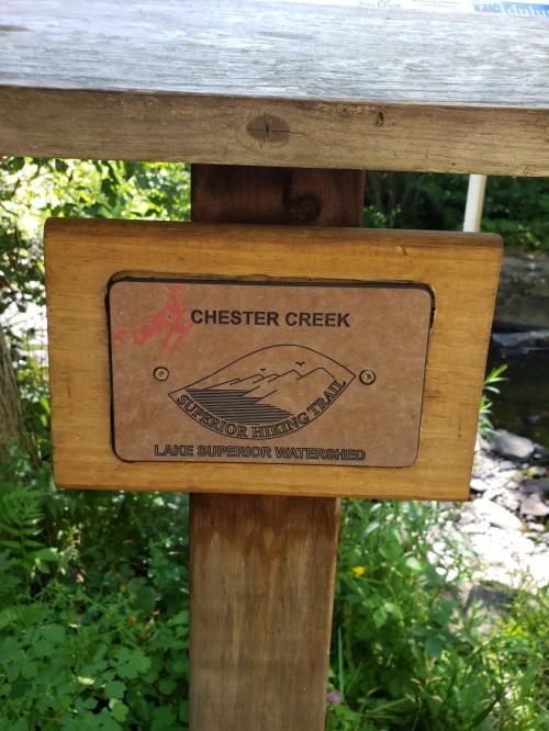 Sign for Chester Creek, part of the Superior Hiking Trail, located in the Lake Superior watershed.