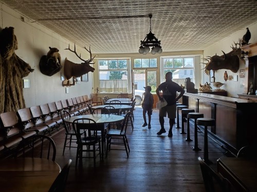 A rustic interior of a room with mounted animal heads, tables, and chairs, featuring two people silhouetted by the light.