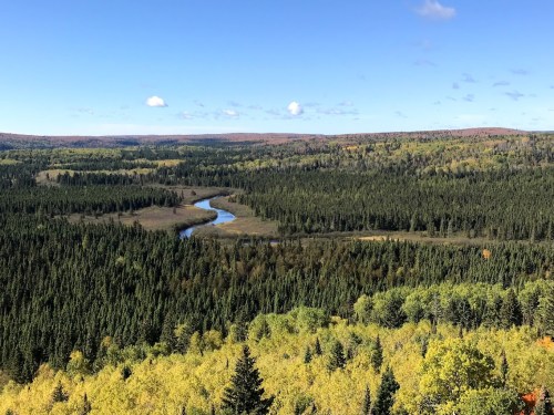 A scenic view of a winding river surrounded by lush green forests and rolling hills under a clear blue sky.