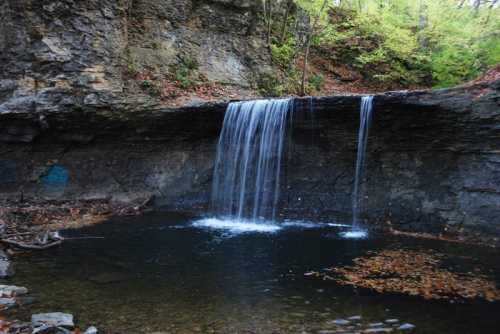 A serene waterfall cascades over rocky cliffs into a calm pool, surrounded by autumn foliage.