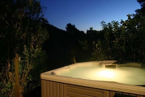 A hot tub surrounded by greenery, illuminated at dusk with a serene atmosphere.