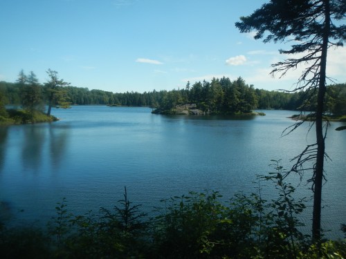 A serene lake surrounded by lush greenery and small islands under a clear blue sky.