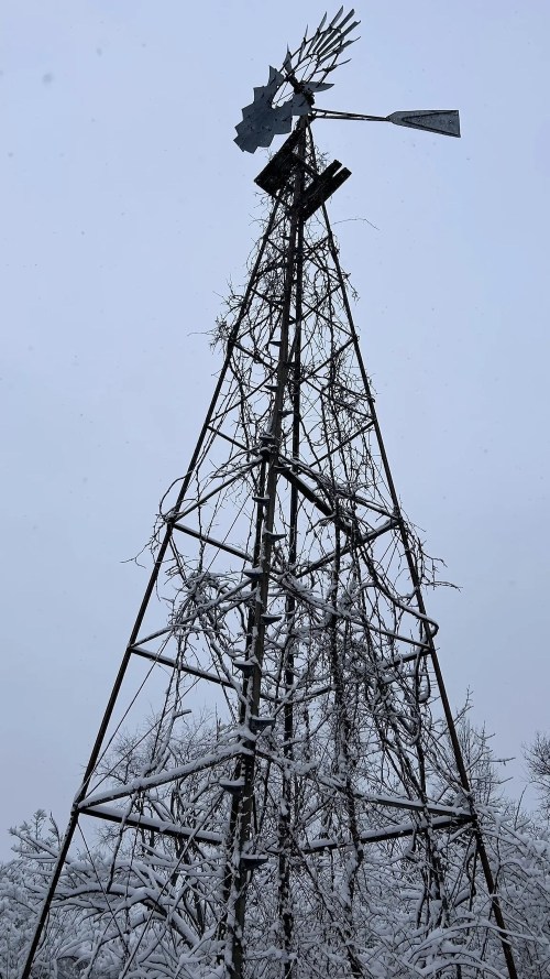 A tall, rusty windmill covered in snow, surrounded by bare trees under a gray sky.