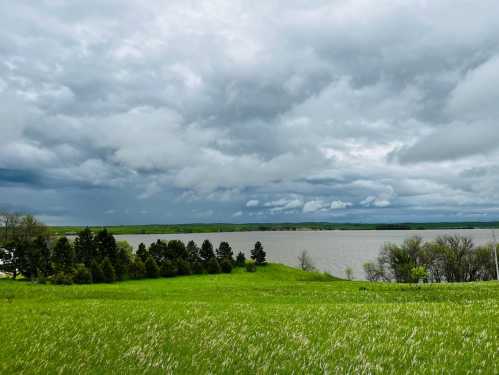 A lush green landscape with a lake under a cloudy sky, featuring trees along the shoreline and rolling hills in the distance.