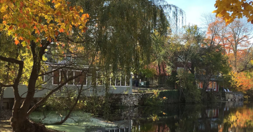 A serene riverside scene with autumn foliage, reflecting trees and buildings in calm water.