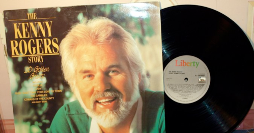 Album cover of "The Kenny Rogers Story" featuring a smiling Kenny Rogers and a vinyl record beside it.
