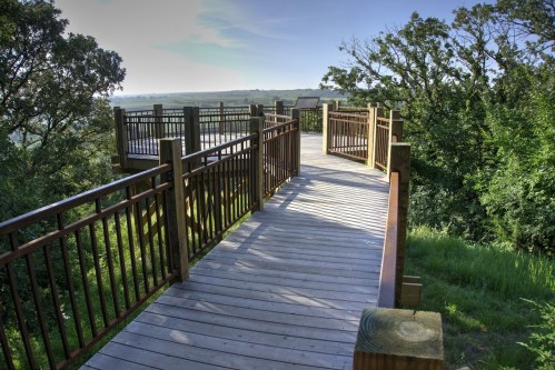 A wooden observation deck surrounded by trees, offering a scenic view of the landscape beyond.