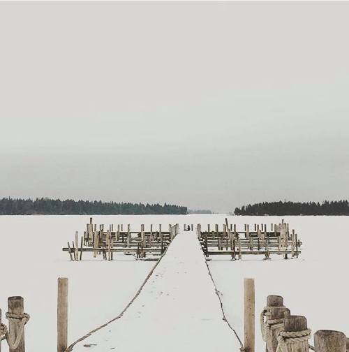 A snowy landscape with a wooden pier extending into the frozen water, surrounded by trees in the distance.