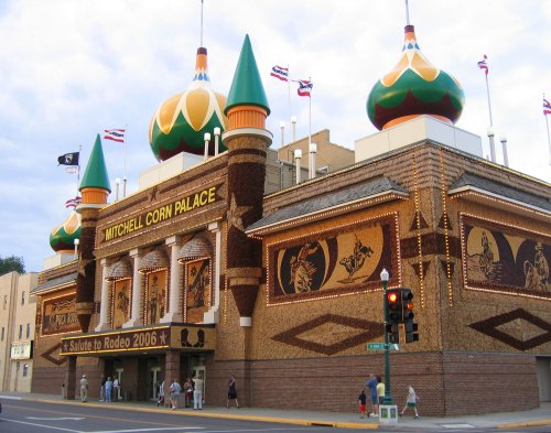 The Mitchell Corn Palace features colorful domes and intricate corn art, celebrating local culture and events.