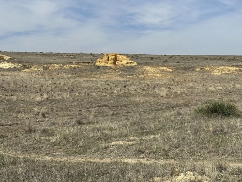 A vast, open landscape with dry grass and a prominent yellow rock formation under a cloudy sky.