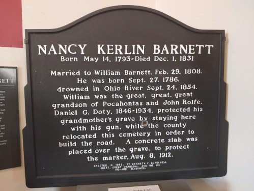 Historical plaque for Nancy Kerlin Barnett, detailing her birth, marriage, and family history. Erected in 1987.