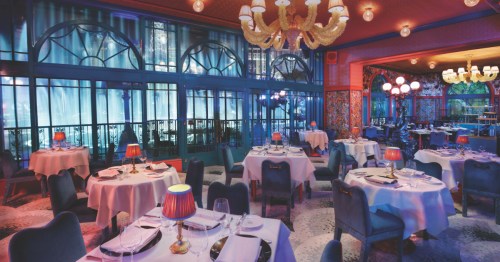 A view of the dining room with its many tables and wall of windows at the Mayfair Supper Club in Las Vegas.