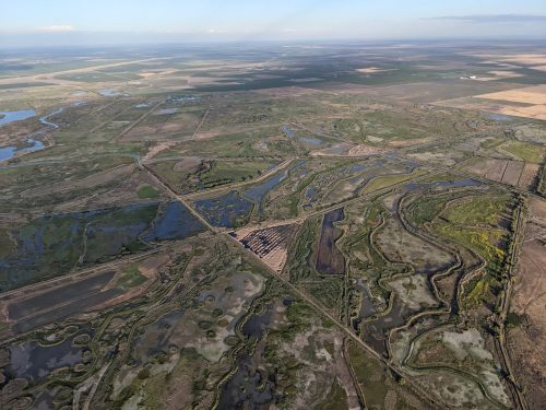 Aerial view of a vast, green landscape with winding waterways and fields under a clear blue sky.