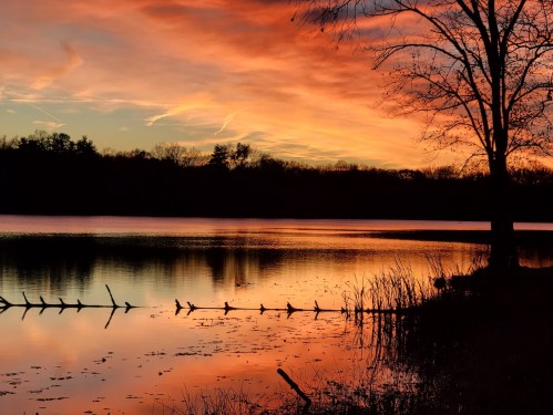 A serene sunset over a lake, with vibrant orange and purple skies reflecting on the water and silhouetted trees.