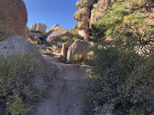 A rocky trail winds through boulders and shrubs under a clear blue sky.