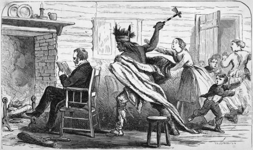 A dramatic scene depicting a man reading in a chair, while a figure with a hammer approaches, and children flee in fear.