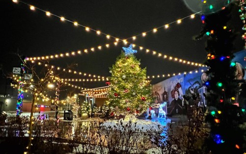 A festive outdoor scene at night featuring a decorated Christmas tree and string lights illuminating the area.