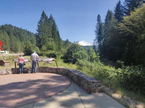 Two people stand at a viewpoint, overlooking a forested area with a snow-capped mountain in the distance.