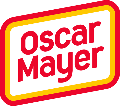 Logo of Oscar Mayer, featuring bold red text on a white background with a yellow and red border.