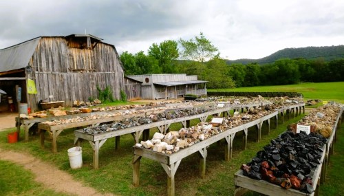 A rustic outdoor area with wooden tables displaying various rocks and minerals, set against a cloudy sky and green landscape.