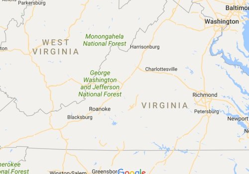 Map showing parts of Virginia and West Virginia, highlighting national forests and nearby cities.
