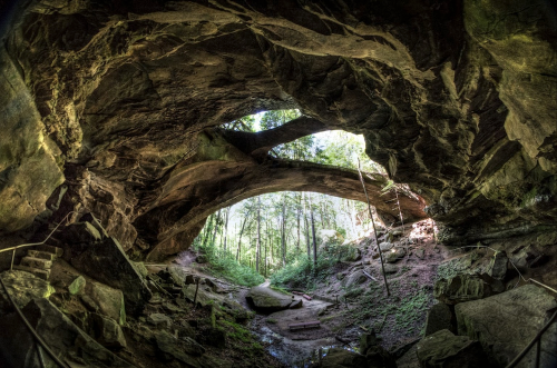 A natural stone archway in a forested cave, with sunlight filtering through the trees above.