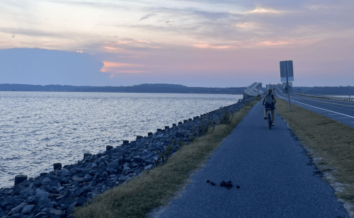 A person rides a bicycle along a path by the water at sunset, with rocky shoreline and distant hills visible.