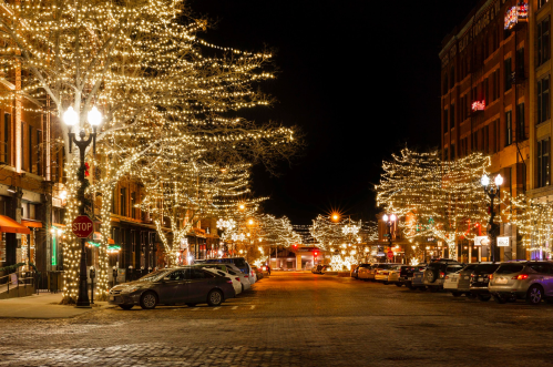 A festive street at night, lined with trees and buildings adorned with sparkling holiday lights.