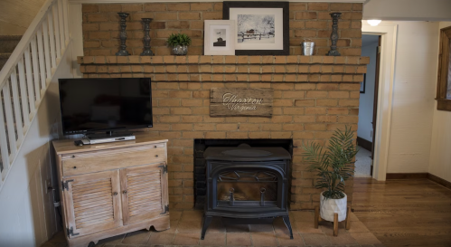 Cozy living space featuring a brick fireplace, wooden furniture, a TV, and decorative plants.