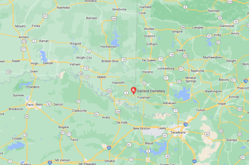 Map showing the location of Garland Cemetery in Foreman, Arkansas, with surrounding roads and towns.