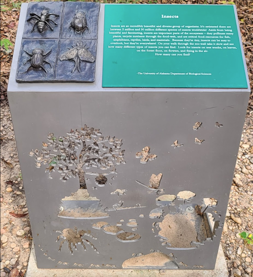 A metal display featuring insect sculptures and an informational plaque about insects and their diversity.