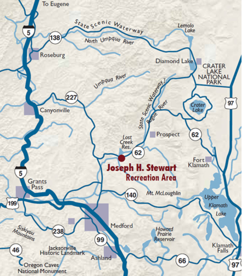 Map showing the Joseph H. Stewart Recreation Area near Crater Lake National Park, with nearby towns and highways marked.