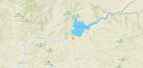 Map showing East Creek Lake and surrounding mountains, with a marker indicating a specific location.