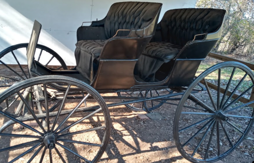 A vintage horse-drawn carriage with two cushioned seats and wooden wheels, displayed outdoors.