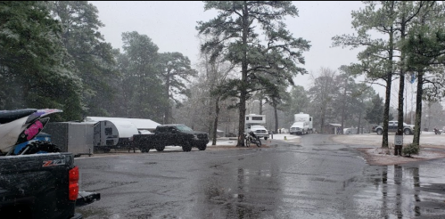 A snowy scene of a campground with parked vehicles and tall pine trees, creating a serene winter atmosphere.