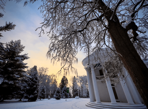 A snowy landscape with a white building and frosted trees under a pastel sky at dawn.