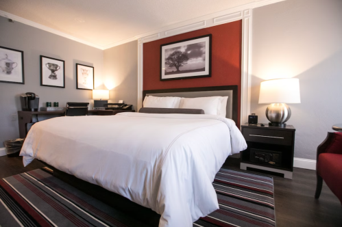 Cozy hotel room featuring a queen bed, modern decor, artwork, and bedside lamps.