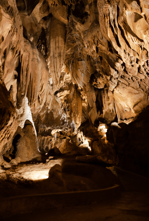 A dimly lit cave interior with dramatic rock formations and stalactites hanging from the ceiling.