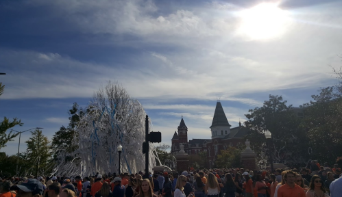 Crowd gathered under a blue sky with wispy clouds, near a large tree wrapped in white streamers and a historic building.