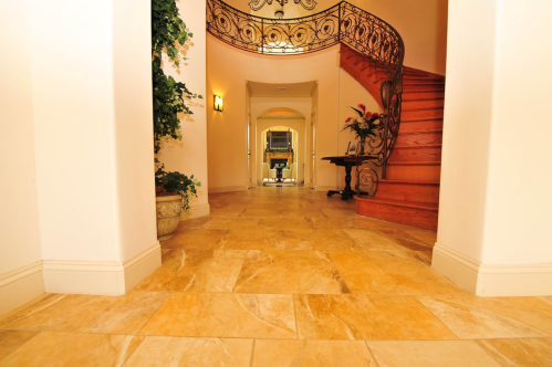 A spacious foyer with a curved staircase, decorative railing, and elegant tile flooring, featuring plants and a console table.
