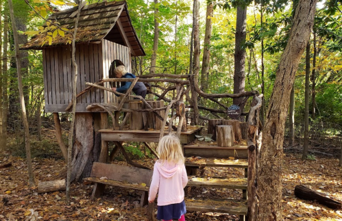 Two children play on a wooden treehouse in a forest, surrounded by autumn leaves and trees.