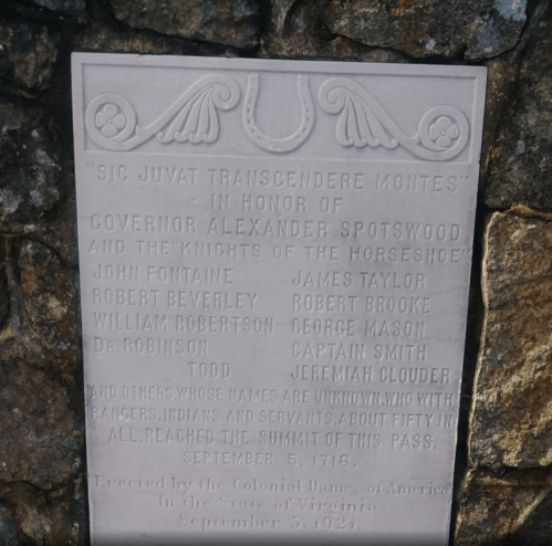 Plaque honoring Governor Alexander Spotswood and the Knights of the Horseshoe, listing names and historical details.