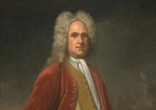 Portrait of a man with curly white hair, wearing a red coat and white cravat, set against a dark background.