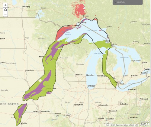Map showing the Great Lakes region with colored areas indicating different ecological zones and land use patterns.