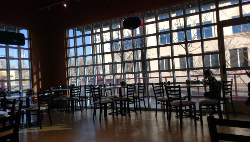 A cozy café interior with empty chairs and large windows showing a sunny day outside.